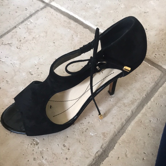 Kate Spade black lace up suede heels w gold detail - Picture 3 of 8